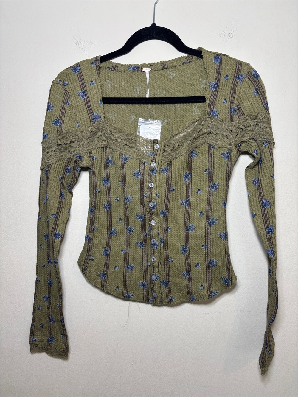Free People Olive Green Ribbed Lace-Trim Button-Up Top with Blue Floral Print